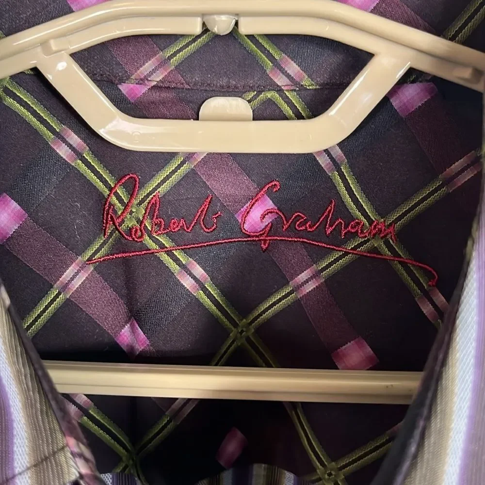Robert Graham Shirt Mens Large Purple Green Striped Cotton Long Sleeve